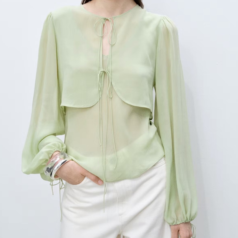 Mango Pale Green Sheer Tie-Front Blouse